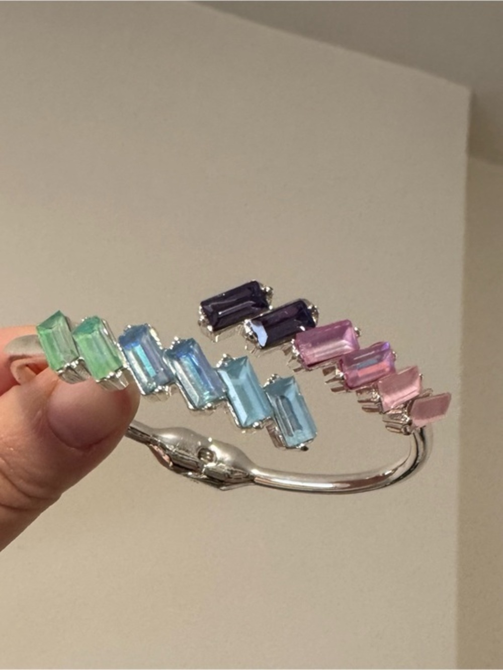 Bomb Party rainbow pastel cuff bracelet baguette crystal pink blue purple silver